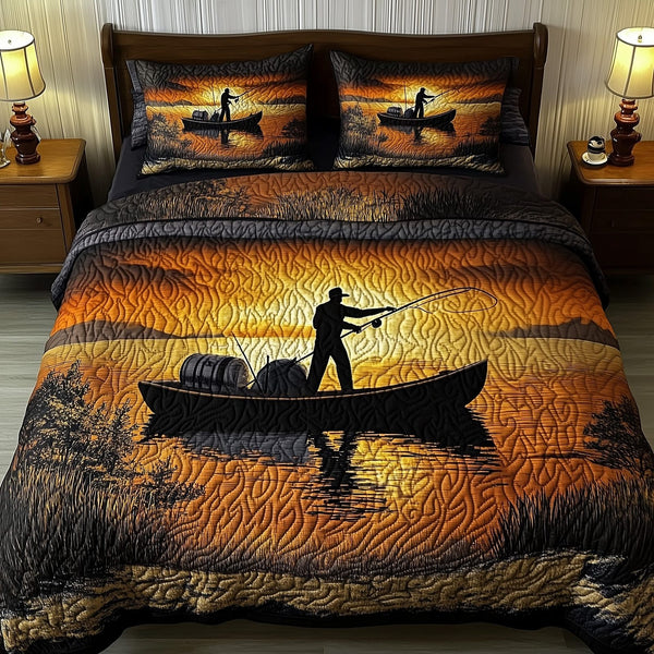Fishing Delights quilted 3-piece bedding set on a made bed with two matching pillow shams