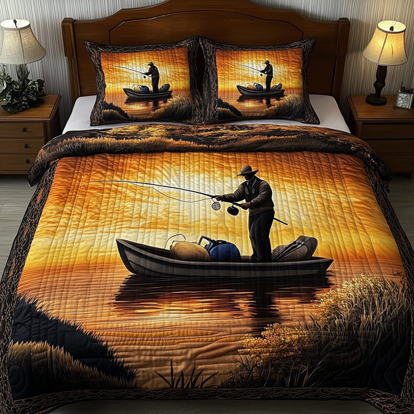 Fishing Delights quilted 3-piece bedding set on a made bed with two matching pillow shams