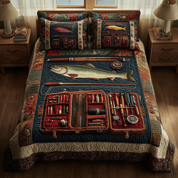 Fishing Delights quilted 3-piece bedding set on a made bed with two matching pillow shams