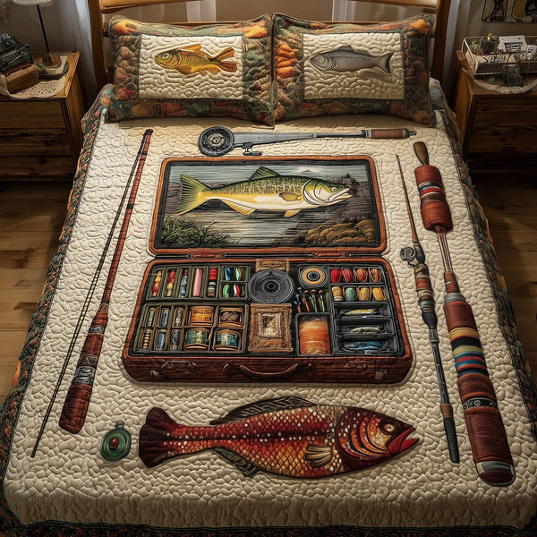 Fishing Delights quilted 3-piece bedding set on a made bed with two matching pillow shams