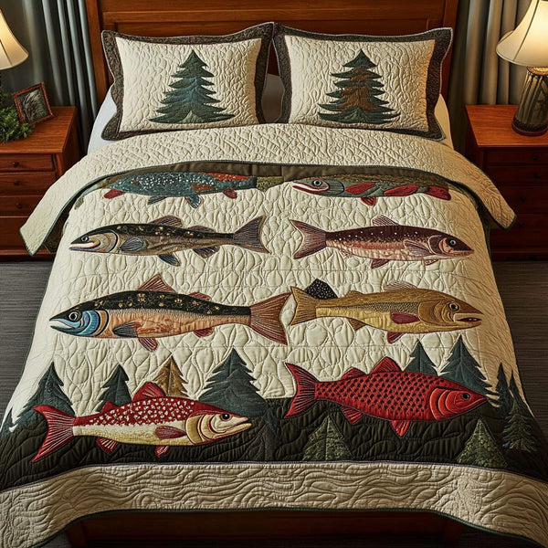 Fishing Dreams quilted 3-piece bedding set on a made bed with two matching pillow shams