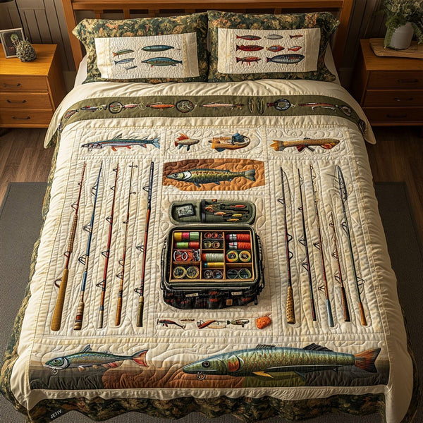 Fishing Expedition quilted 3-piece bedding set on a made bed with two matching pillow shams