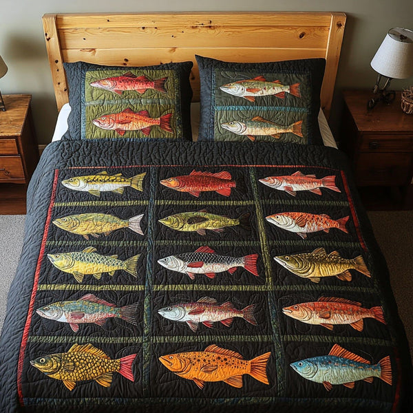 Fishing for Memories quilted 3-piece bedding set on a made bed with two matching pillow shams