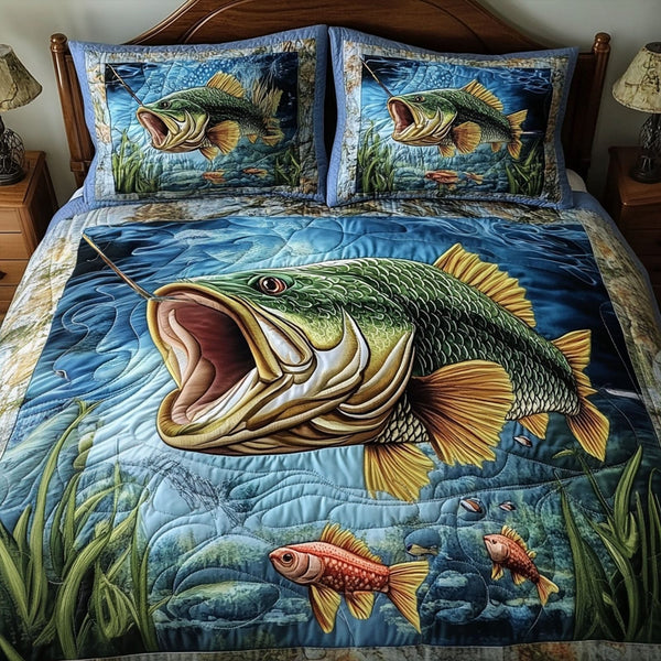 Fishing Glory quilted 3-piece bedding set on a made bed with two matching pillow shams