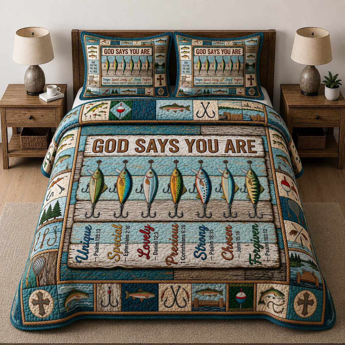 Fishing God Says You Are quilted 3-piece bedding set on a made bed in a softly lit bedroom