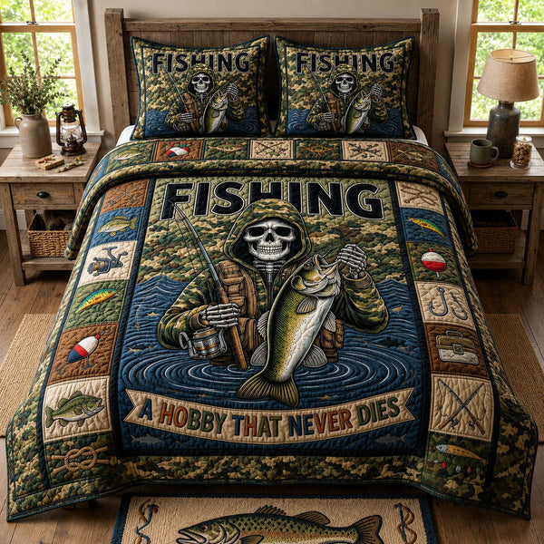 Fishing Hobby Never Dies quilted 3-piece bedding set on a made bed with two matching pillow shams
