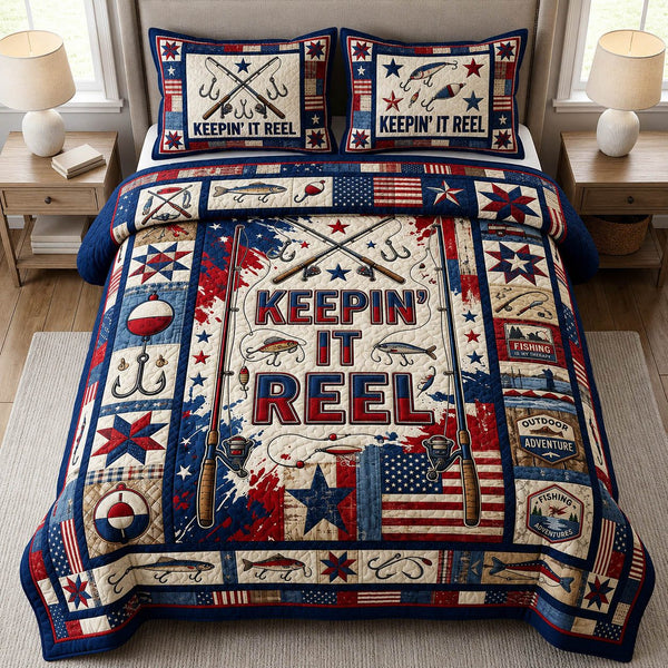 Fishing Keeping It Reel quilted 3-piece bedding set on a made bed with two matching pillow shams