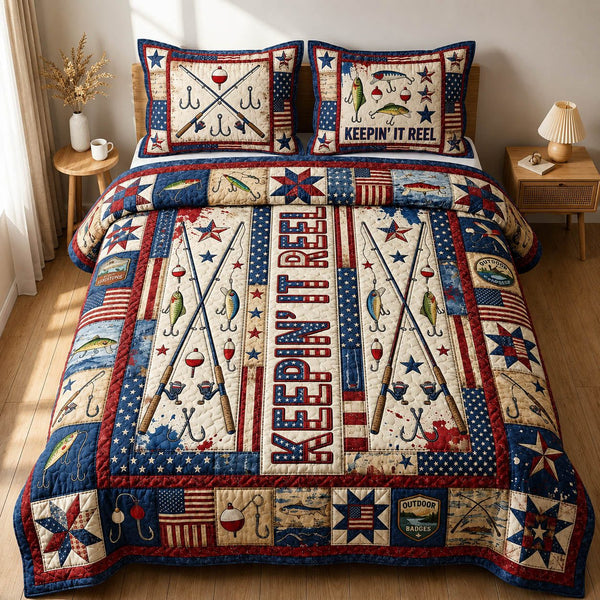 Fishing Keeping It Reel quilted 3-piece bedding set on a made bed with two matching pillow shams