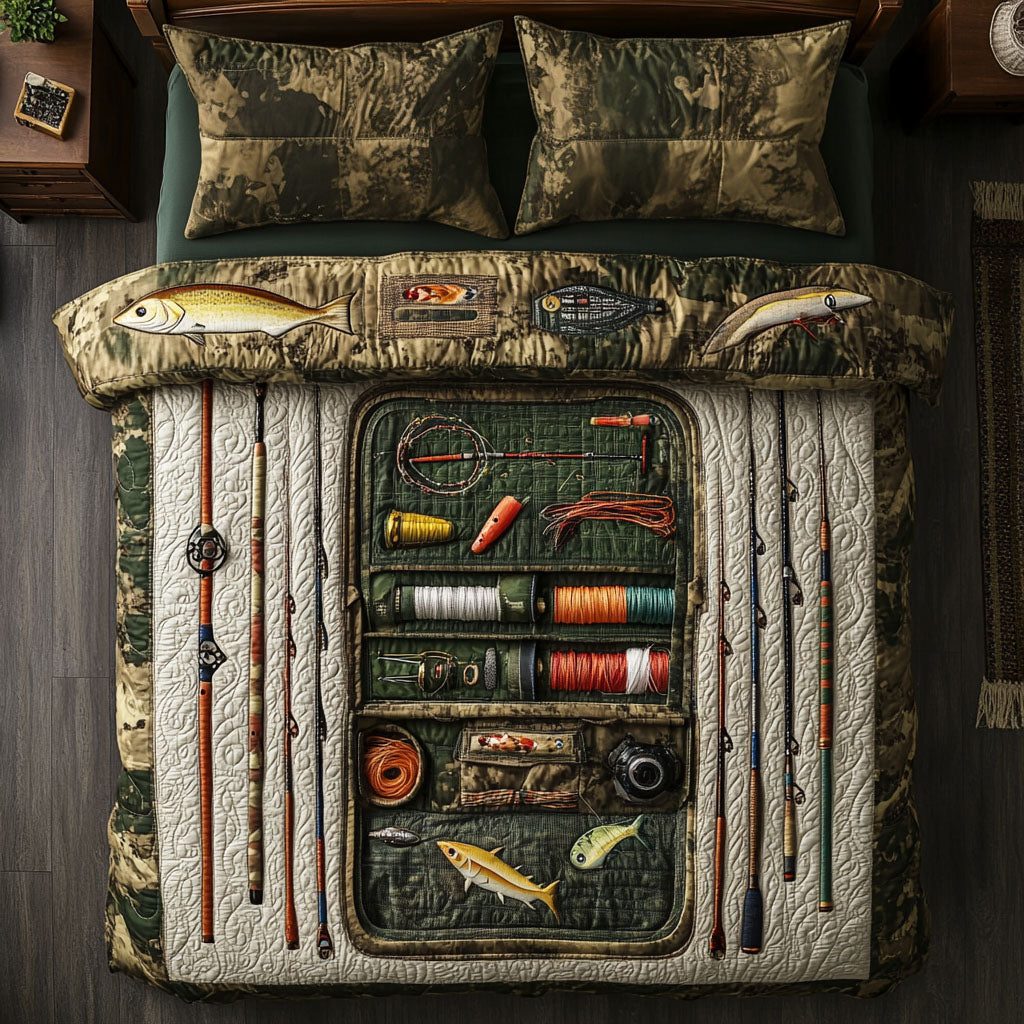 Fishing Legacy quilted 3-piece bedding set on a made bed with two matching pillow shams