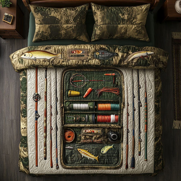 Fishing Legacy quilted 3-piece bedding set on a made bed with two matching pillow shams