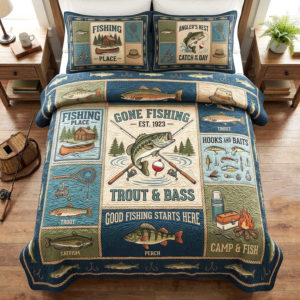 Fishing Legacy quilted 3-piece bedding set on a made bed with two matching pillow shams