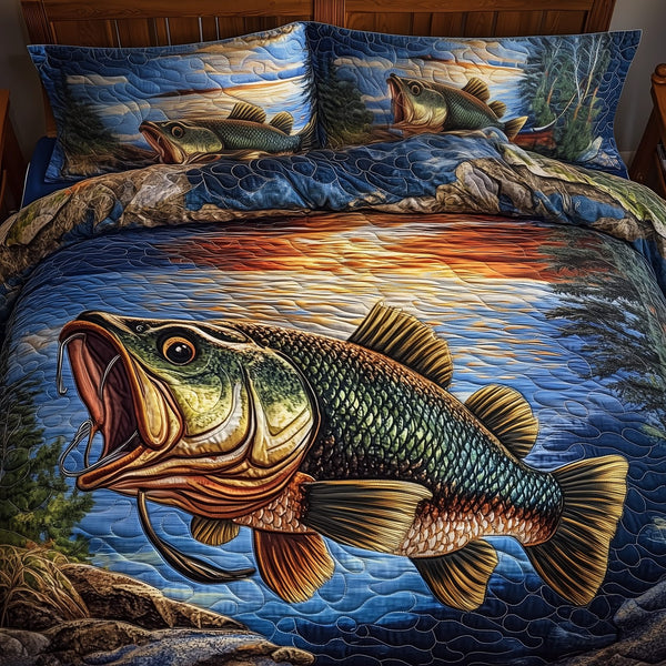 Fishing Life quilted 3-piece bedding set on a made bed with two matching pillow shams