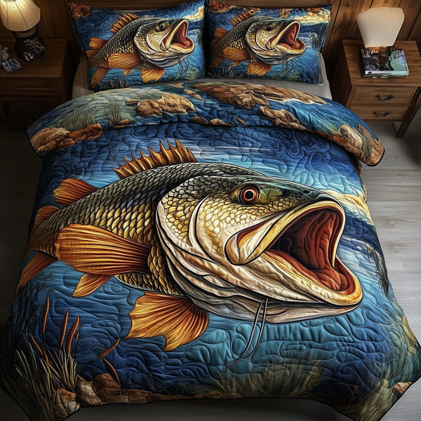 Fishing Life quilted 3-piece bedding set on a made bed with two matching pillow shams