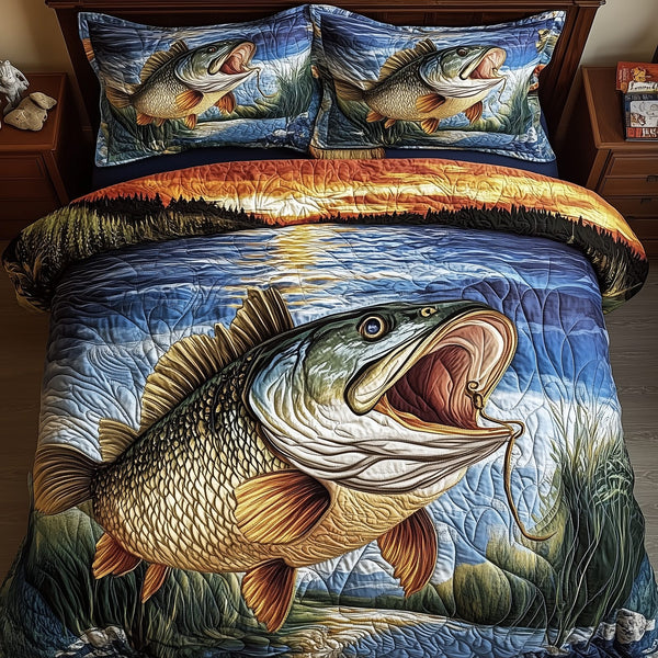 Fishing Life quilted 3-piece bedding set on a made bed with two matching pillow shams