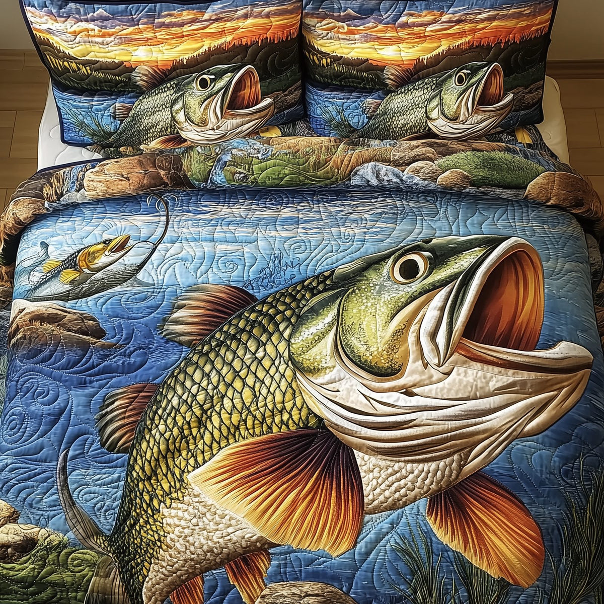 Fishing Life quilted 3-piece bedding set on a made bed with two matching pillow shams