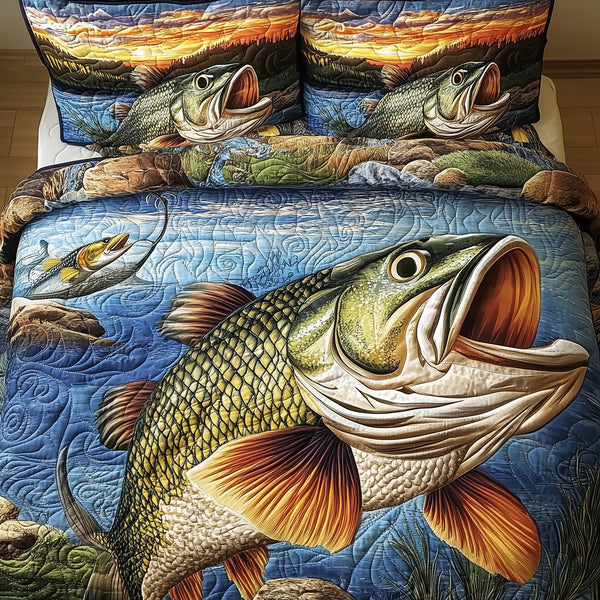 Fishing Life quilted 3-piece bedding set on a made bed with two matching pillow shams