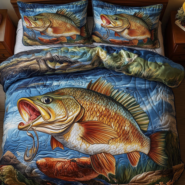 Fishing Life quilted 3-piece bedding set on a made bed with two matching pillow shams