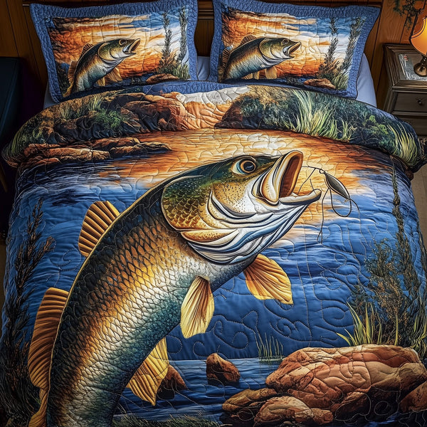 Fishing Life quilted 3-piece bedding set on a made bed with two matching pillow shams