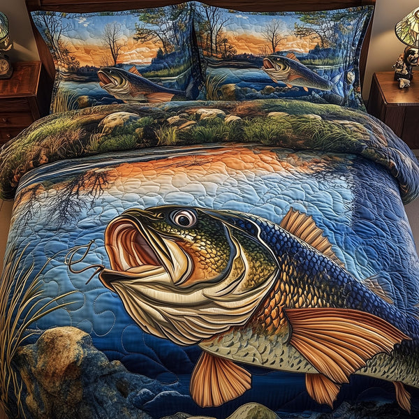 Fishing Life quilted 3-piece bedding set on a made bed with two matching pillow shams