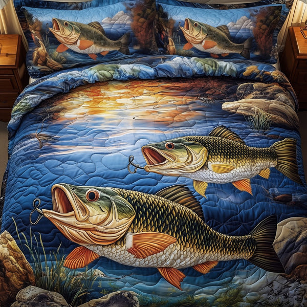 Fishing Life quilted 3-piece bedding set on a made bed with two matching pillow shams