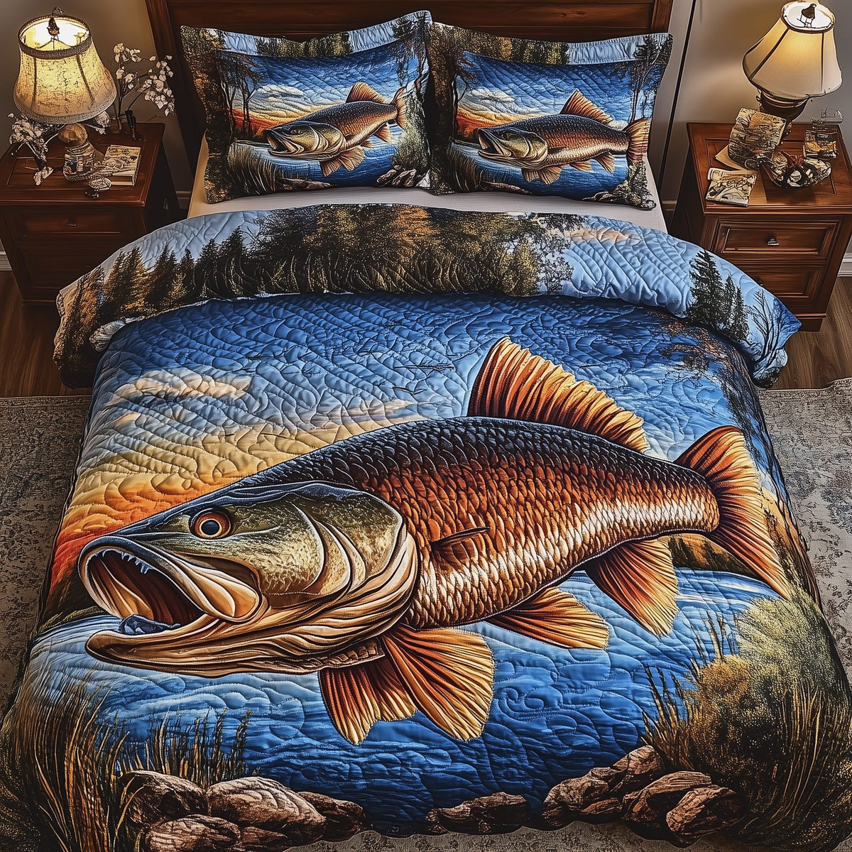 Fishing Life quilted 3-piece bedding set on a made bed with two matching pillow shams