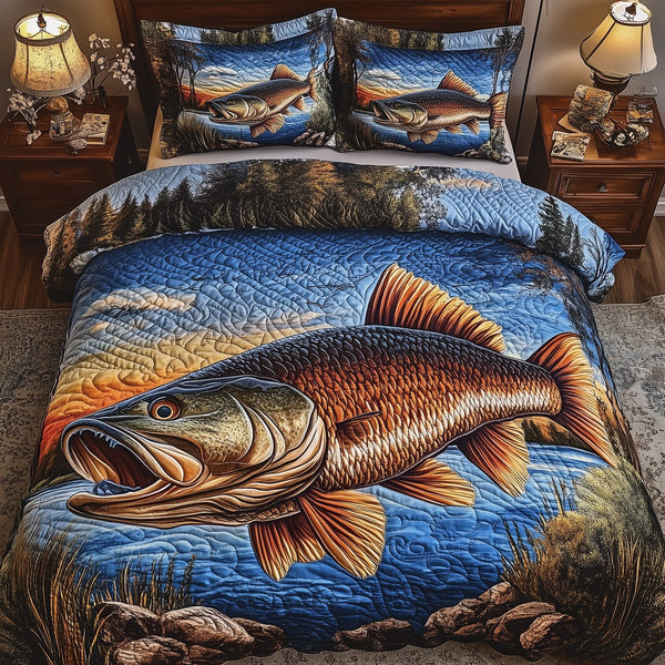 Fishing Life quilted 3-piece bedding set on a made bed with two matching pillow shams