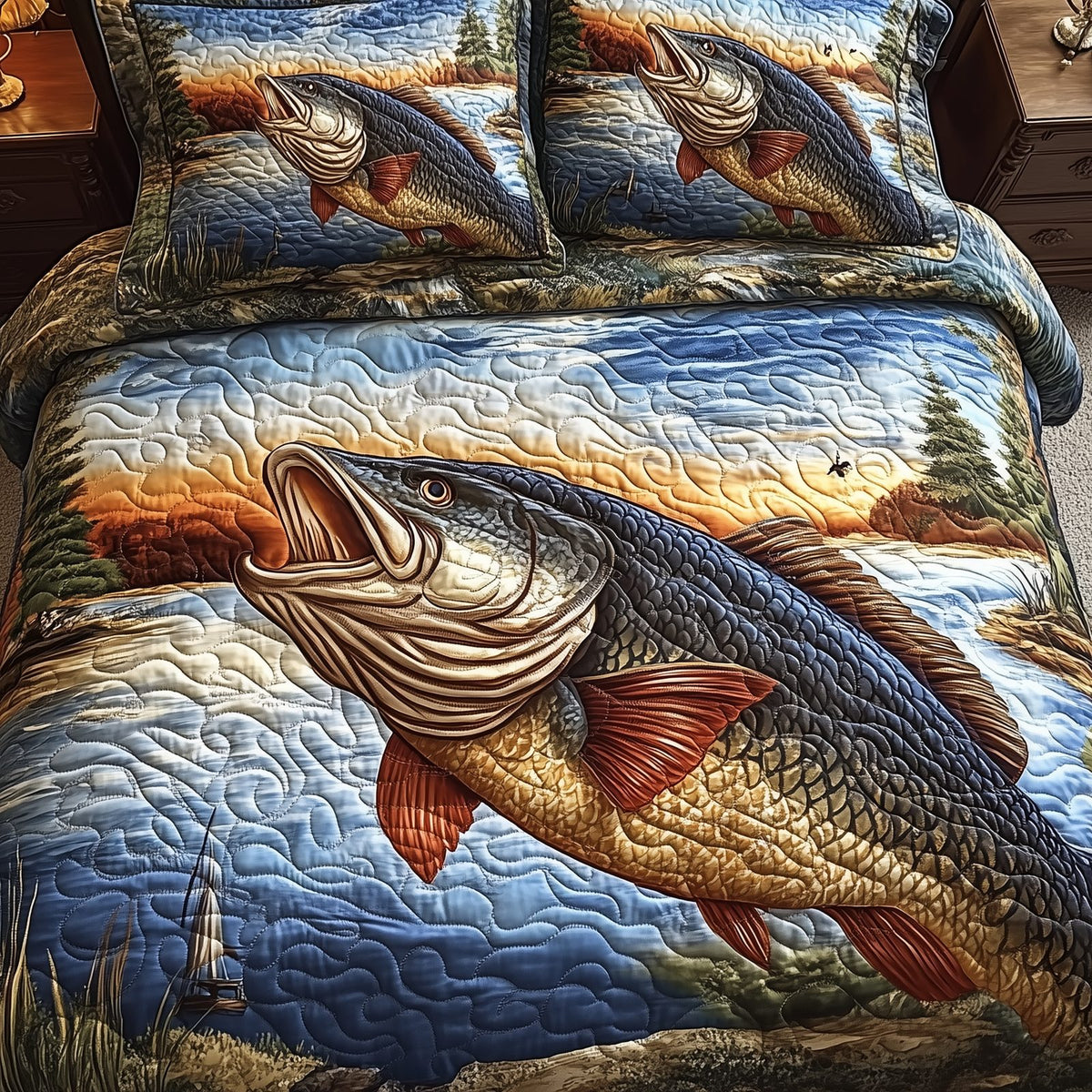 Fishing Life quilted 3-piece bedding set on a made bed with two matching pillow shams