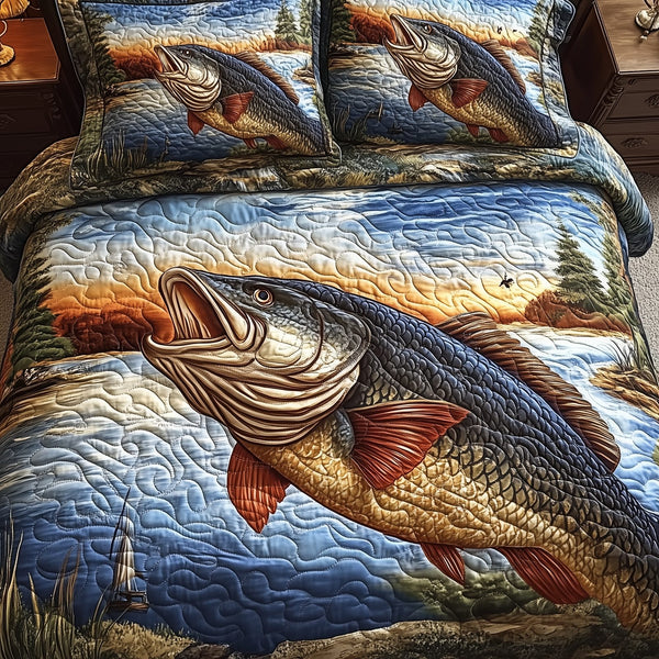 Fishing Life quilted 3-piece bedding set on a made bed with two matching pillow shams