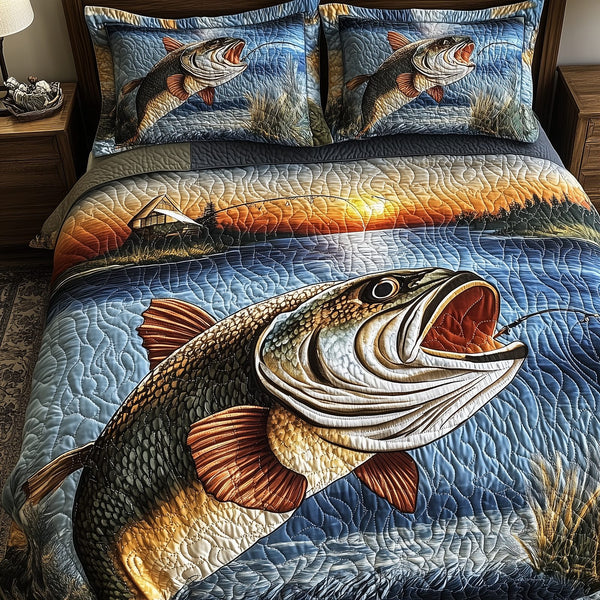 Fishing Life quilted 3-piece bedding set on a made bed with two matching pillow shams