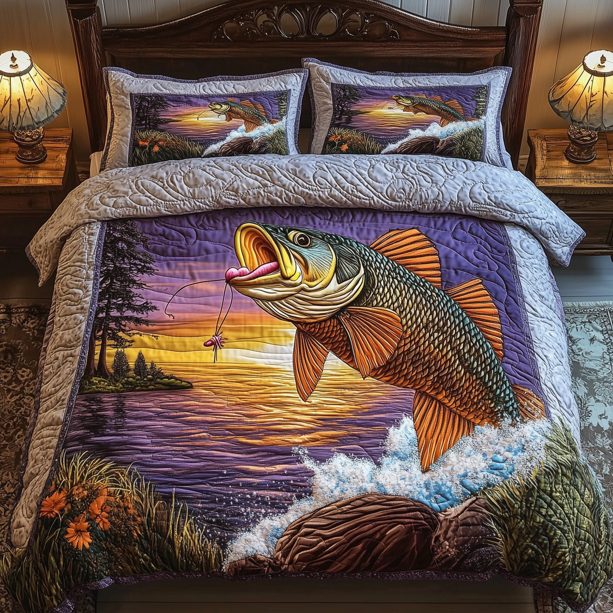 Fishing Life quilted 3-piece bedding set on a made bed with two matching pillow shams