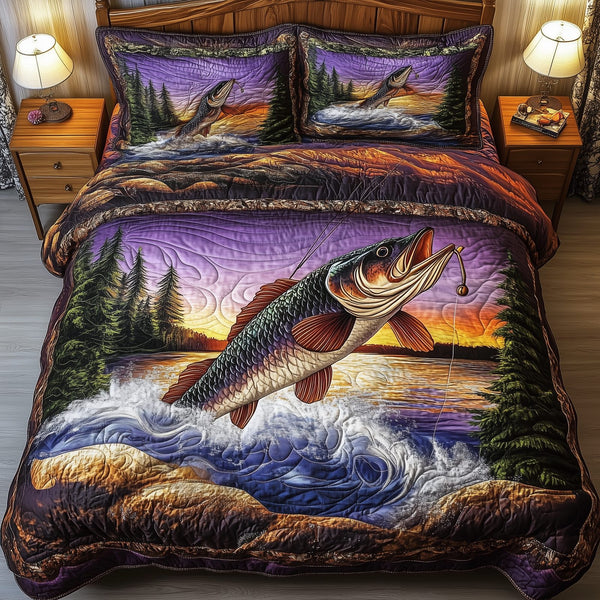 Fishing Life quilted 3-piece bedding set on a made bed with two matching pillow shams