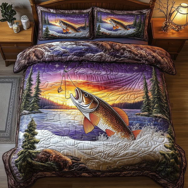 Fishing Life quilted 3-piece bedding set on a made bed with two matching pillow shams