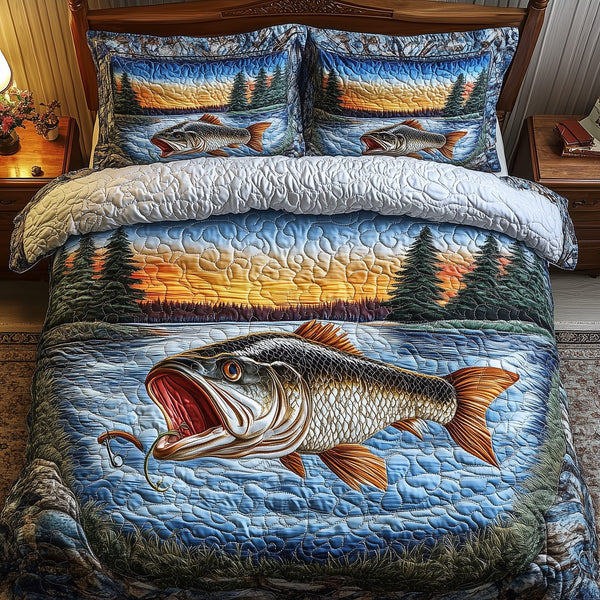 Fishing Life quilted 3-piece bedding set on a made bed with two matching pillow shams