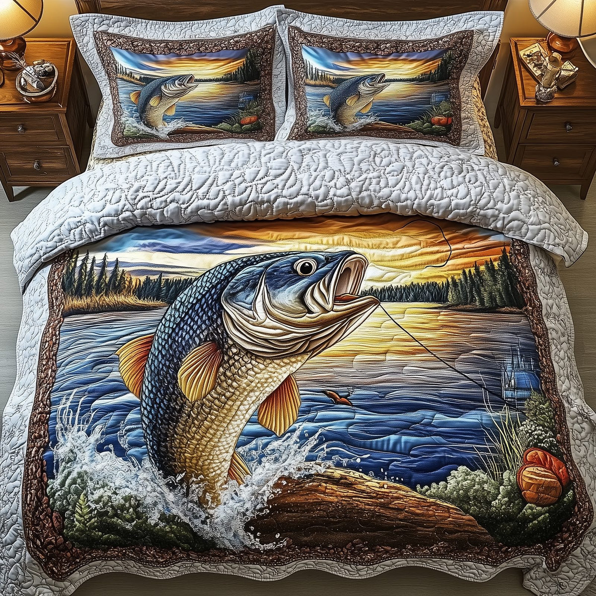 Fishing Life quilted 3-piece bedding set on a made bed with two matching pillow shams