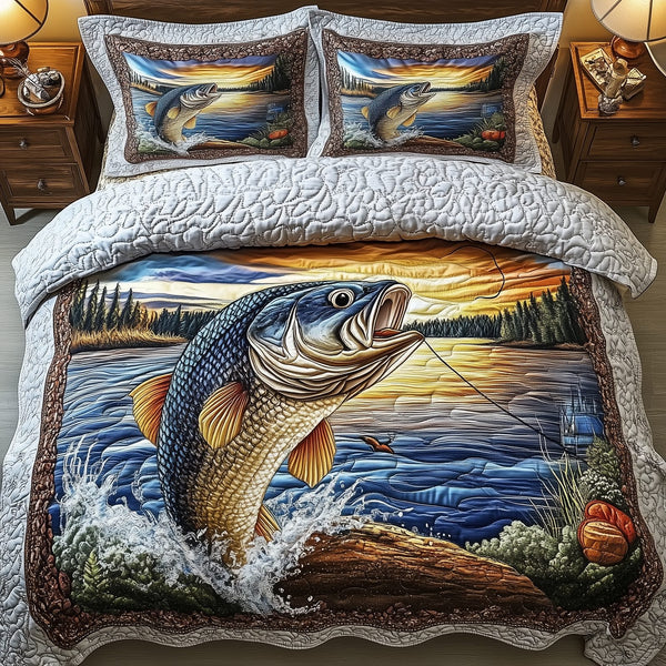 Fishing Life quilted 3-piece bedding set on a made bed with two matching pillow shams