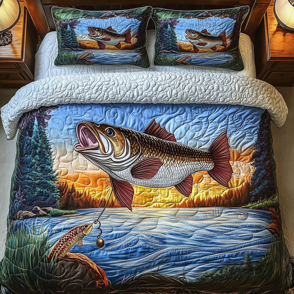 Fishing Life quilted 3-piece bedding set on a made bed with two matching pillow shams
