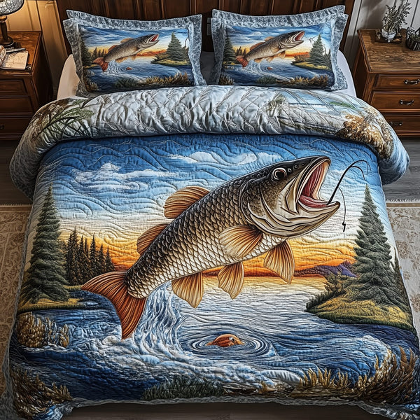 Fishing Life quilted 3-piece bedding set on a made bed with two matching pillow shams