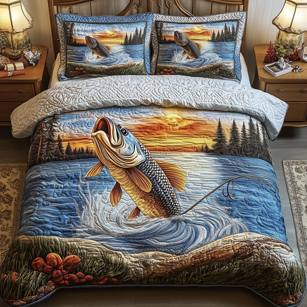 Fishing Life quilted 3-piece bedding set on a made bed with two matching pillow shams