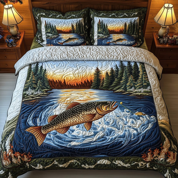 Fishing Life quilted 3-piece bedding set on a made bed with two matching pillow shams