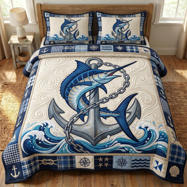 Fishing Life quilted 3-piece bedding set on a made bed with two matching pillow shams