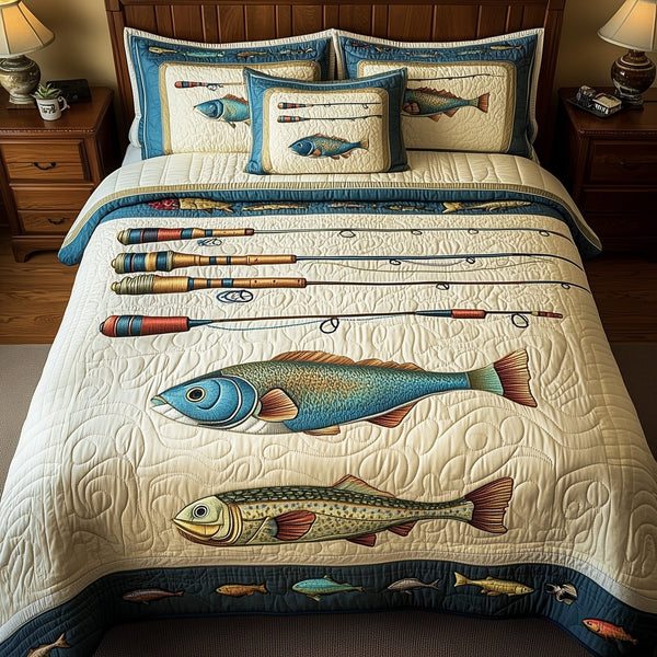 Fishing quilted 3-piece bedding set on a made bed with two matching pillow shams