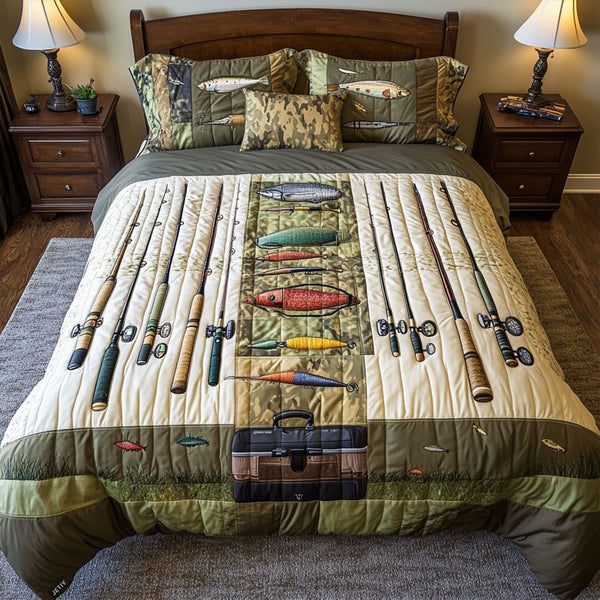 Fishing quilted 3-piece bedding set on a made bed with two matching pillow shams