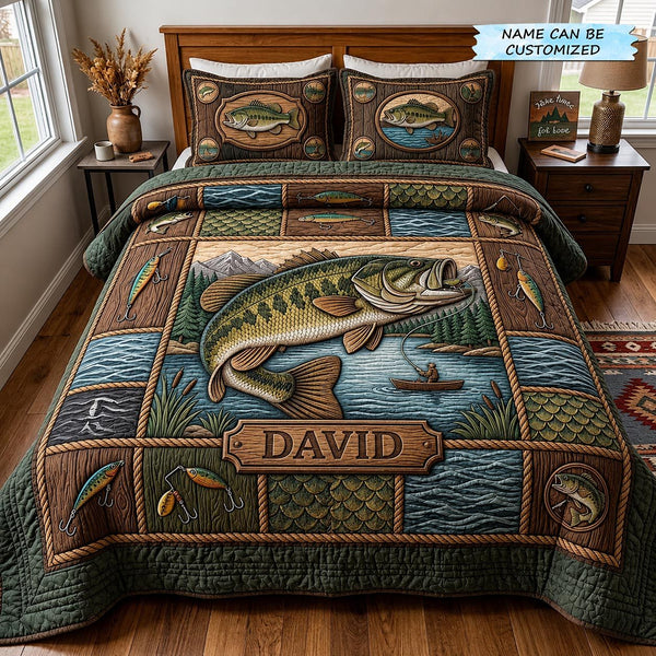 Fishing Retreat 3-Piece Quilted Bedding Set QTCUZ quilted 3-piece bedding set on a made bed with two matching pillow shams