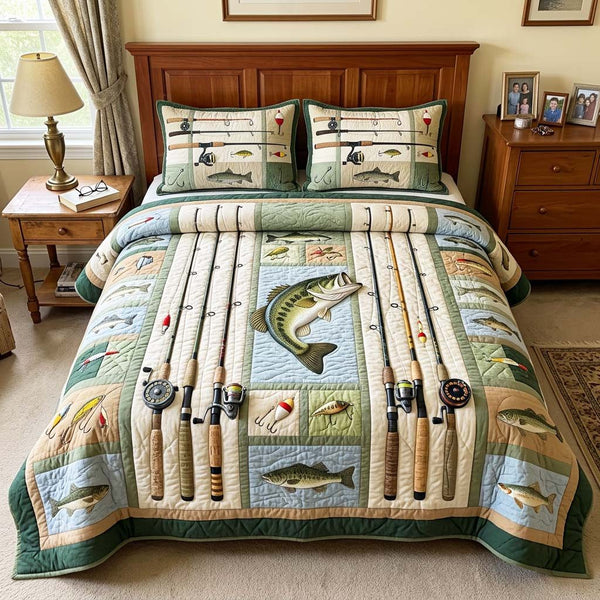 Fishing Rods quilted 3-piece bedding set on a made bed with two matching pillow shams
