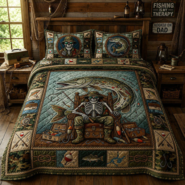 Fishing Skeleton quilted 3-piece bedding set on a made bed against a dark styled interior