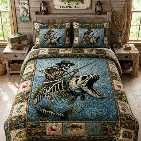 Fishing Skeleton quilted 3-piece bedding set on a made bed against a dark styled interior