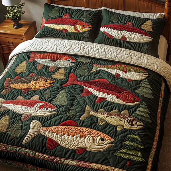 Fishing Spot quilted 3-piece bedding set on a made bed with two matching pillow shams