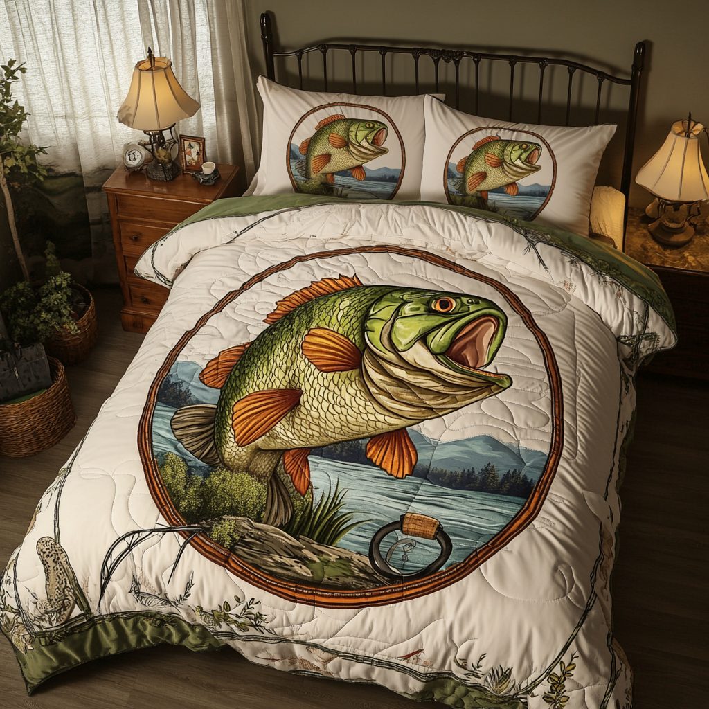 Fishing Tale quilted 3-piece bedding set on a made bed with two matching pillow shams