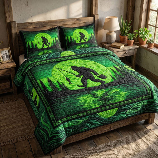 Fishing Trip quilted 3-piece bedding set on a made bed with two matching pillow shams