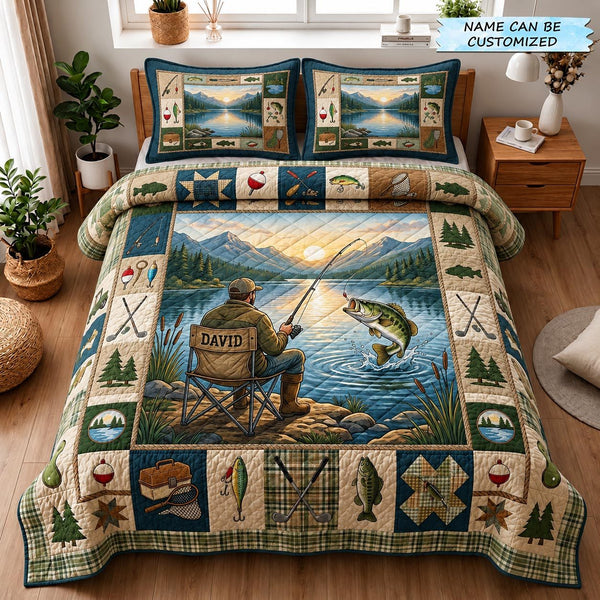 Fishing Vibes 3-Piece Quilted Bedding Set quilted 3-piece bedding set on a made bed with two matching pillow shams